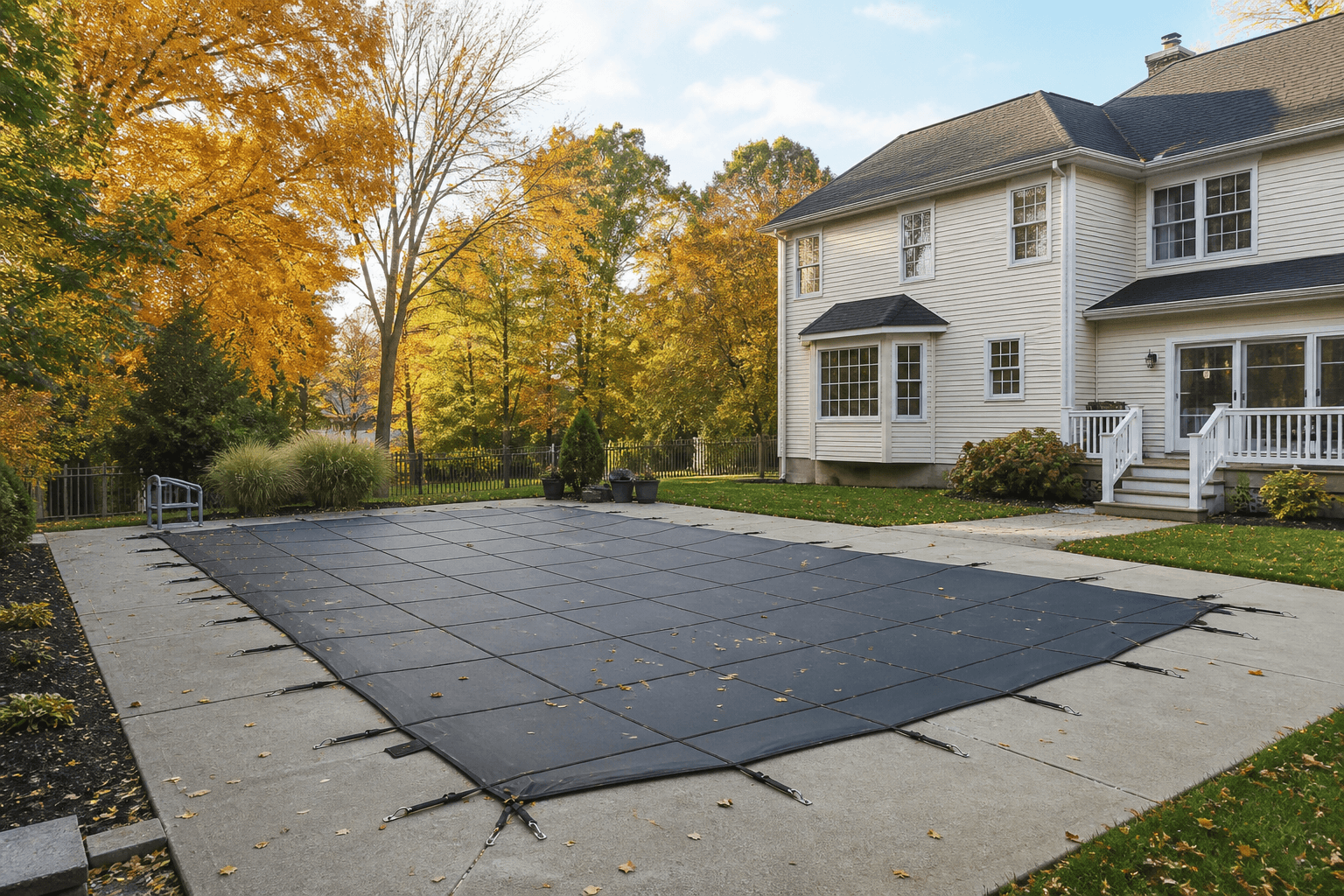 Residential in-ground pool protected by an anchored mesh safety cover in autumn
