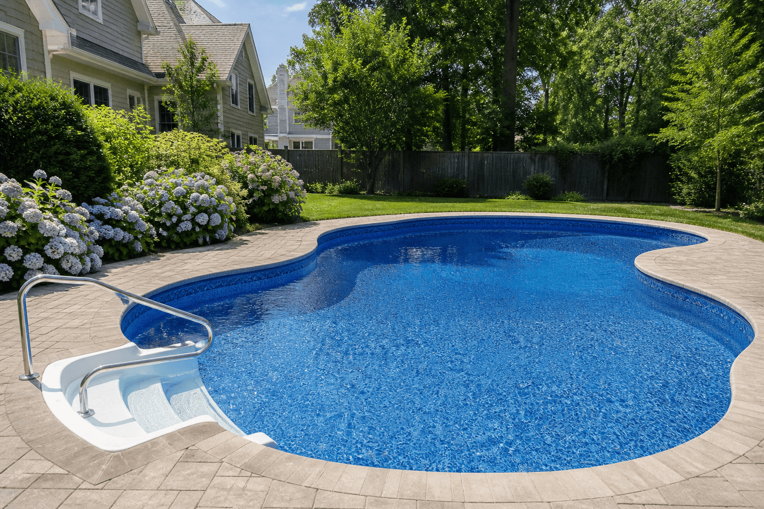 Freshly renovated residential vinyl-liner pool surrounded by Northeast landscaping