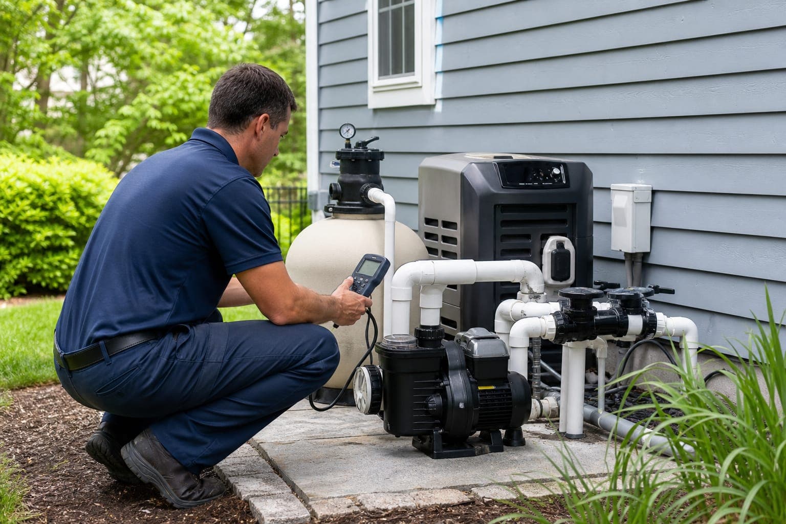 Pool technician diagnosing the pump, filter and heater beside a New Jersey home