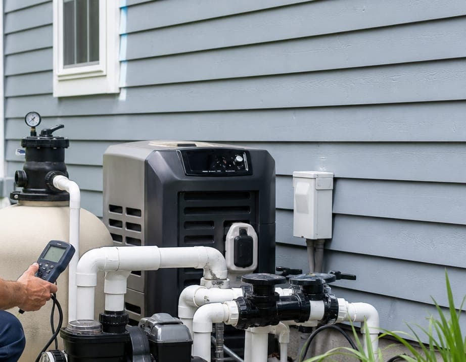 Modern residential pool heater, filter and valve plumbing on an equipment pad