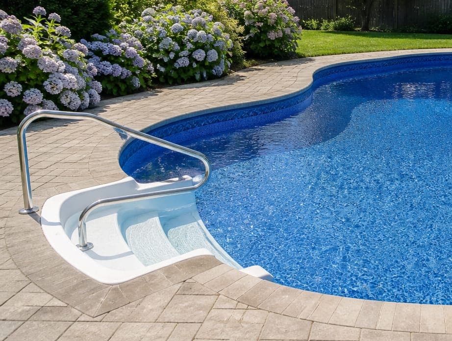 New blue vinyl liner, steps and handrail in a residential backyard pool