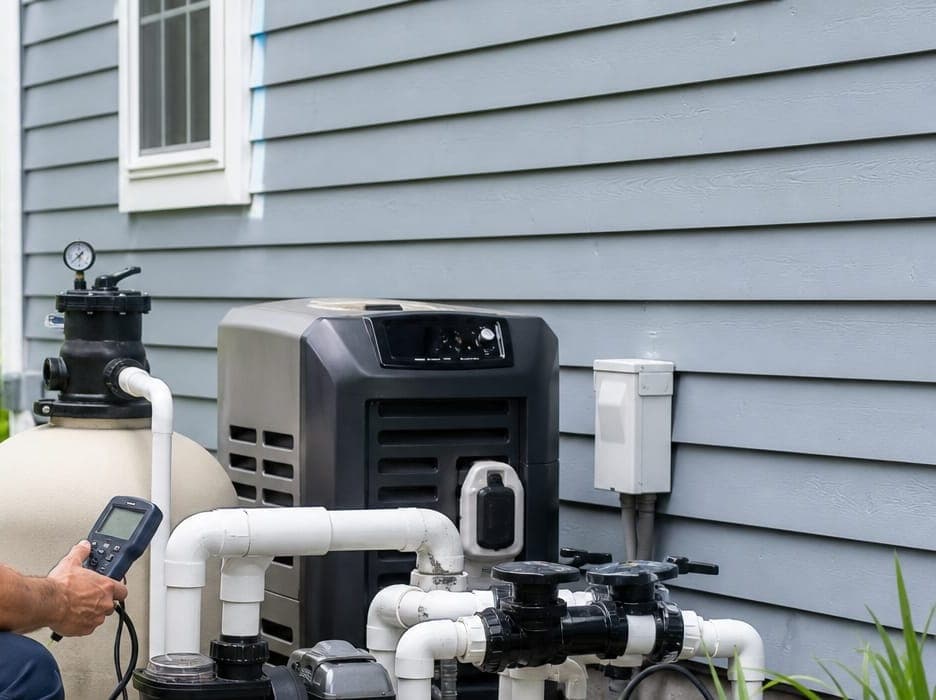 Residential pool heater installed beside a New Jersey home